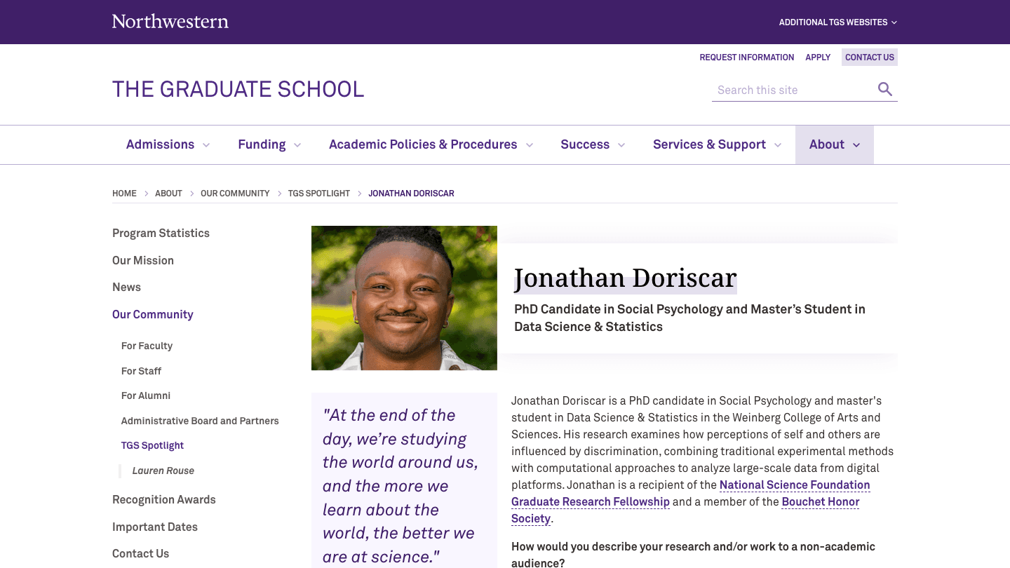 Screenshot of the Northwestern Graduate School spotlight page for Jonathan Doriscar.